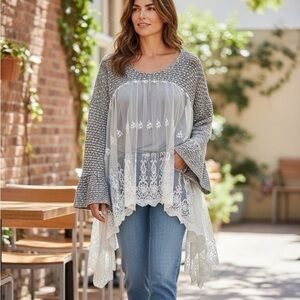 RYU Anthropologie Boho Lace Lined Tunic Top L